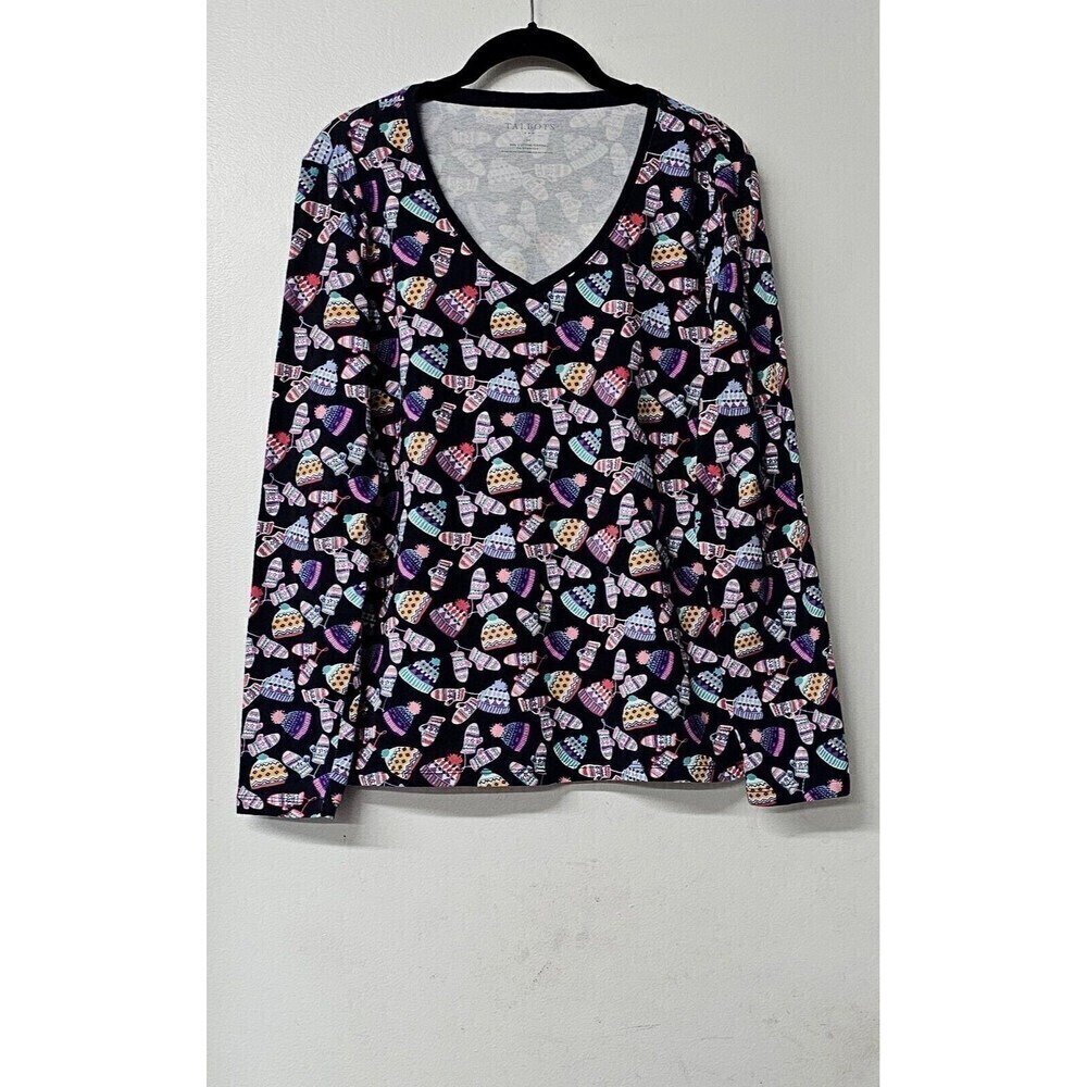 TALBOTS Black Winter Theme Long Sleeve Pullover Cotton Blend Women Shirt (M)